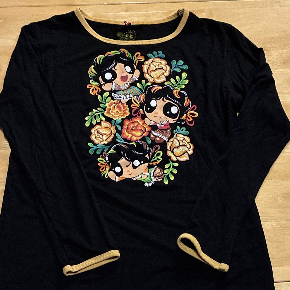 ¡Ay Güey Black Floral Sparkly PowerPuff Long Sleeve Top Girls10 RARE